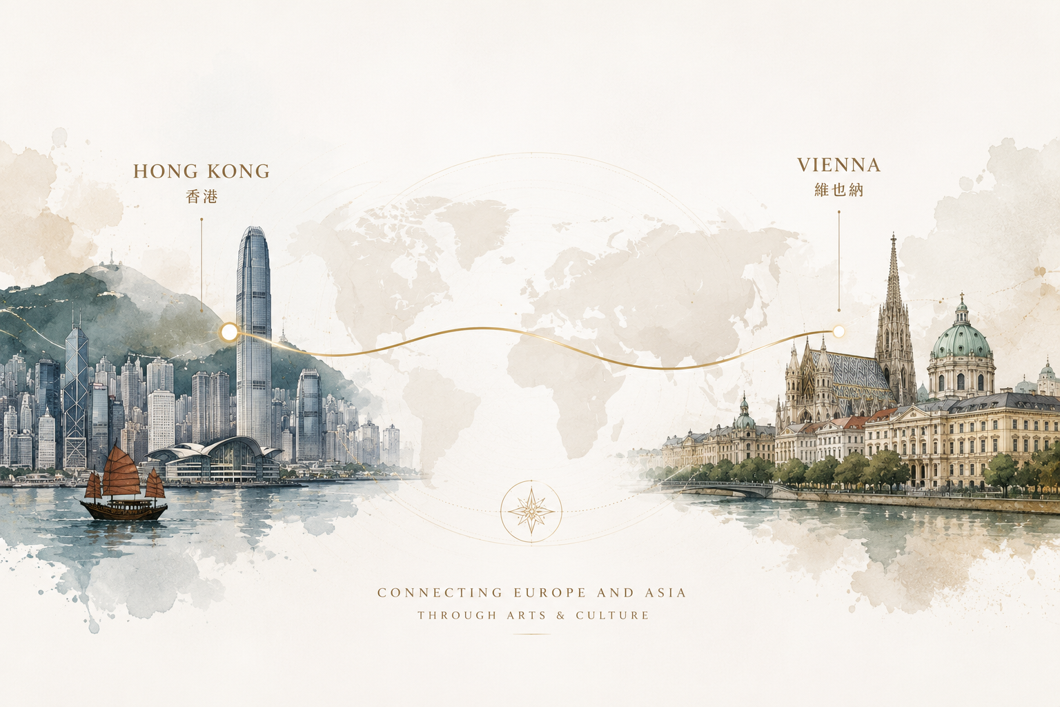 Illustrated cultural map connecting Hong Kong and Vienna